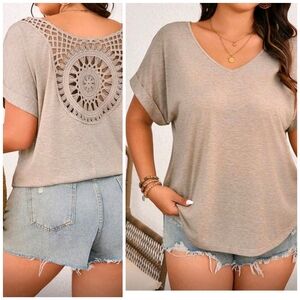 New Boho Crochet Back V Neck Knit Tee Shirt Top PLUS Khaki Tan
